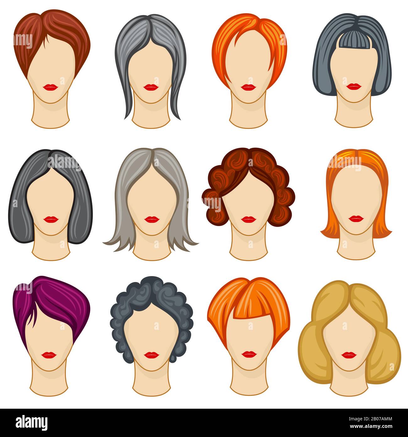 Collection de coiffures vectorielles pour cheveux de dessins animés pour femme. Coupe de cheveux de mode, illustration tendance de coiffure Illustration de Vecteur