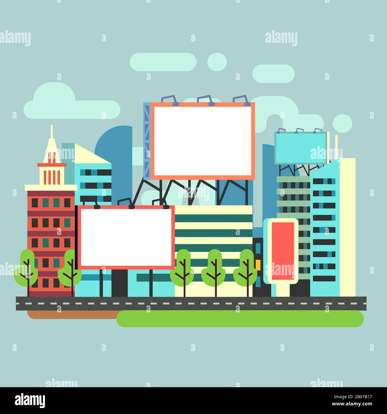 Panneaux publicitaires vides urbains dans une illustration vectorielle de ville plate. Bannière pour la publicité promotionnelle Illustration de Vecteur