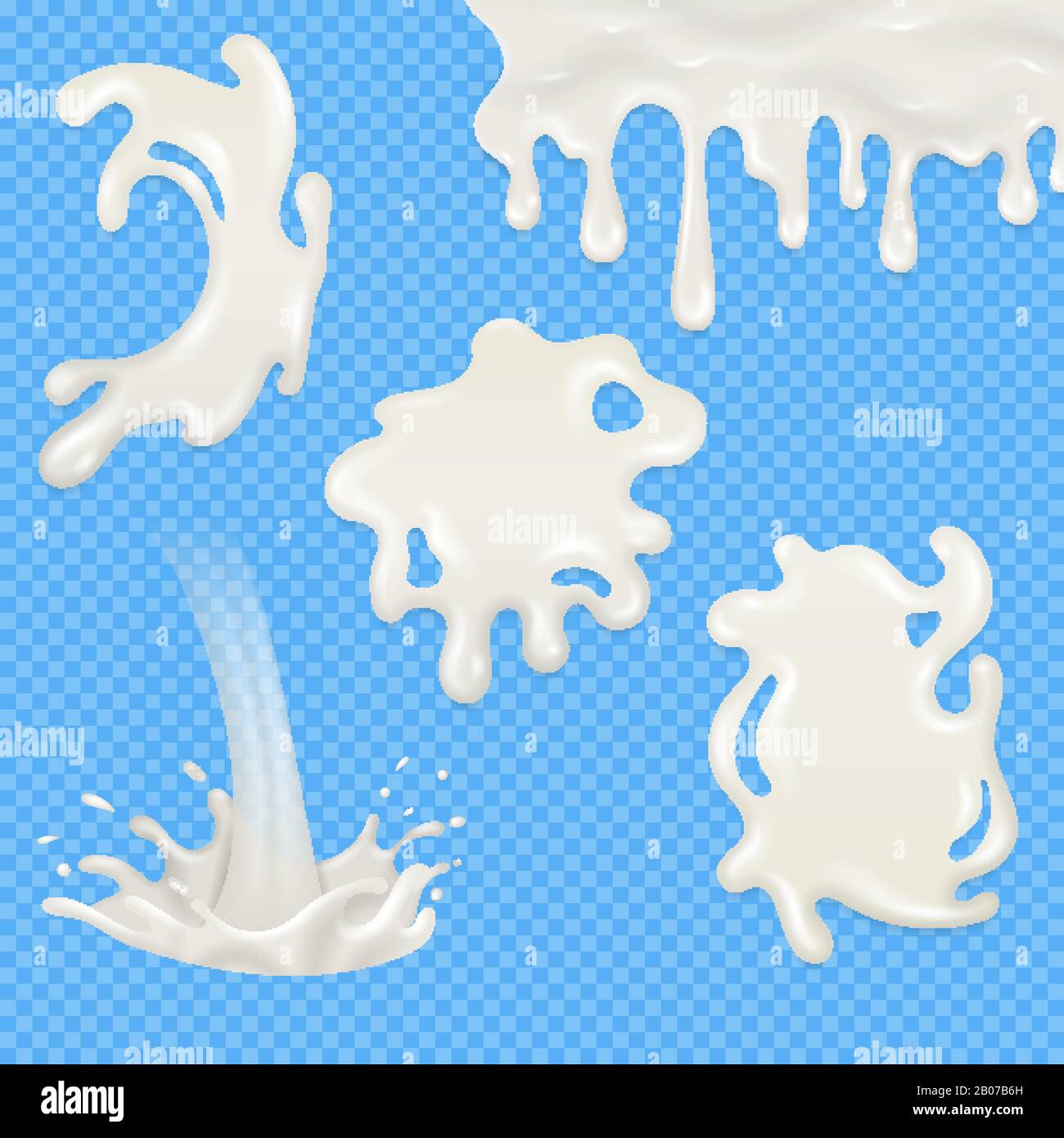 Lait réaliste, yaourt, éclaboussures de crème, coulage et blots vectoriels isolés sur fond transparent à damier. Illustration du produit de boisson au lait Illustration de Vecteur