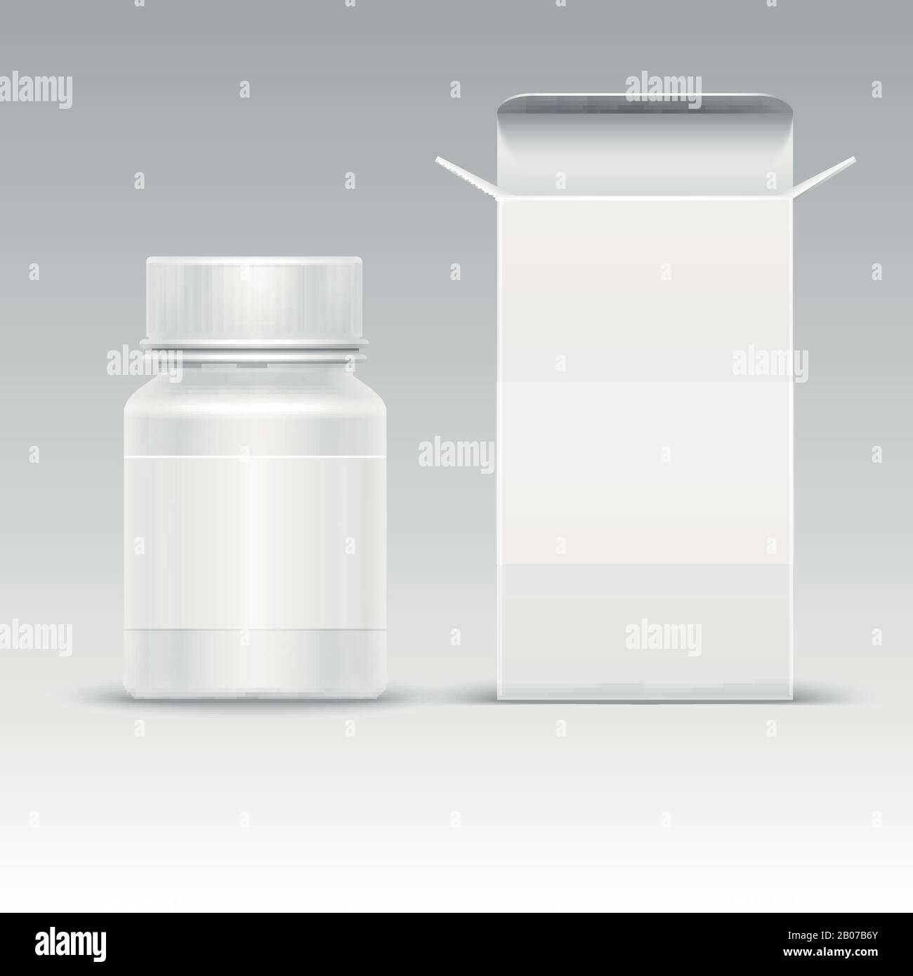 Boîte en papier d'emballage blanc médical et flacon en plastique médical pour pilules isolées sur illustration vectorielle blanche. Mockup de conteneur pour comprimé et médicament Illustration de Vecteur