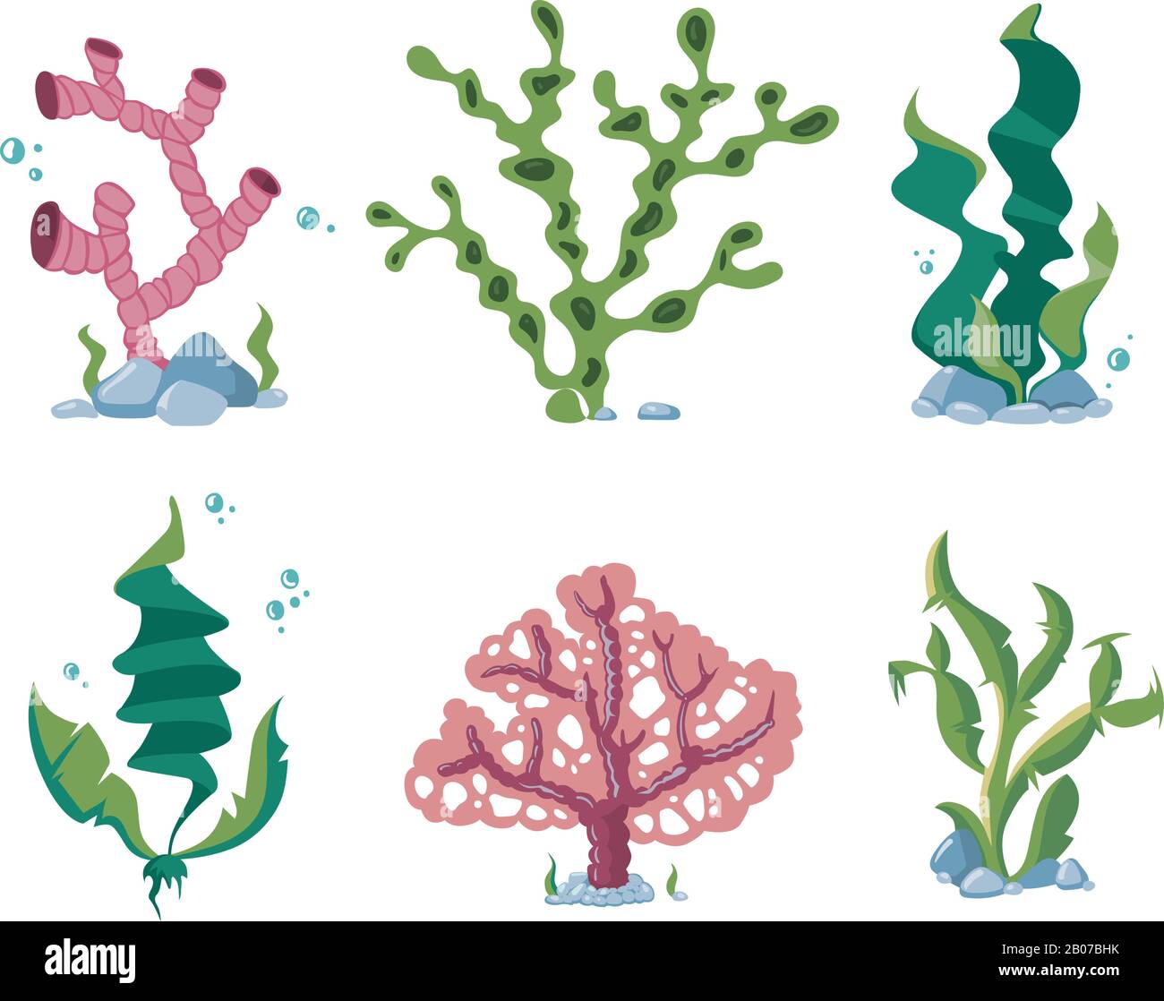 Algue sous-marine, varech d'aqua, océan et aquarium plantes vecteur ensemble. Illustration de la vie du varech de la nature aquatique Illustration de Vecteur