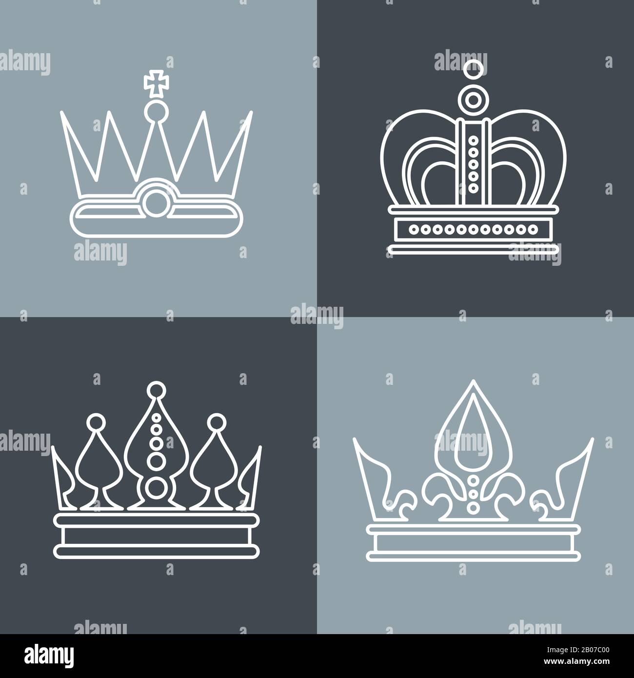 Icônes de couronne de ligne blanche sur fond gris. Jeu de couronnes linéaires. Illustration vectorielle Illustration de Vecteur