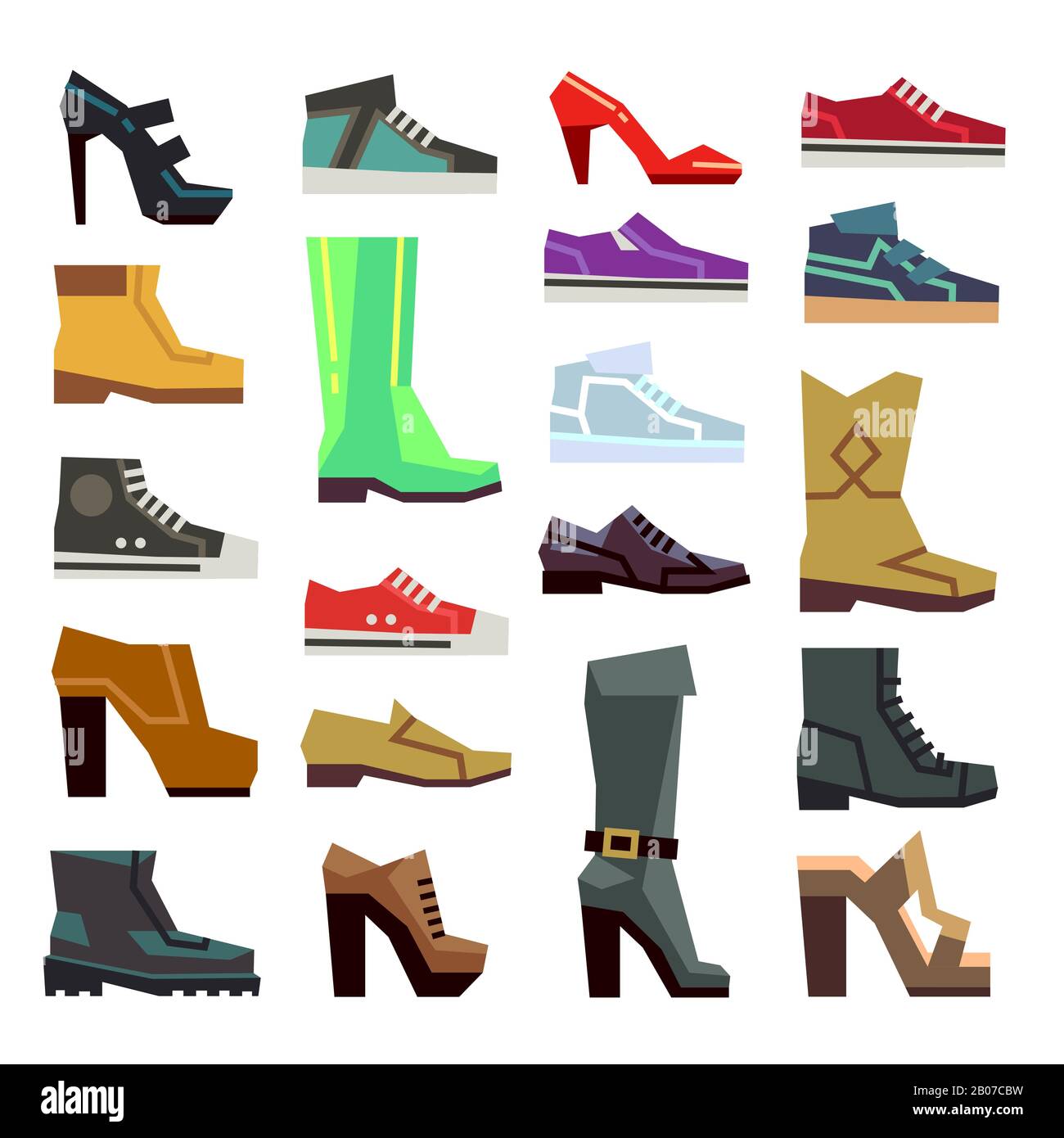 Différents articles chaussants décontracté chaussures vecteur ensemble. Mode bottes à l'illustration homme ou femme Illustration de Vecteur