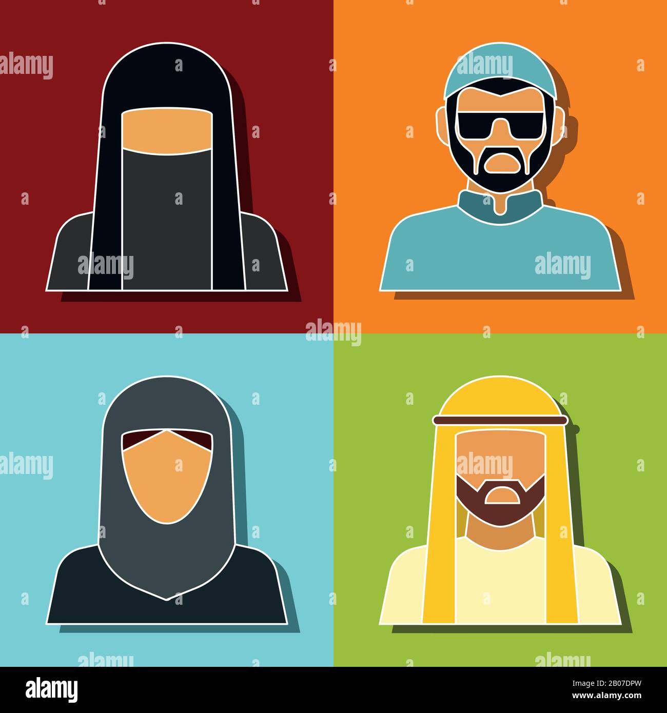 Avatar du Moyen-Orient. Femme et homme isolés sur fond de couleur. Illustration vectorielle Illustration de Vecteur