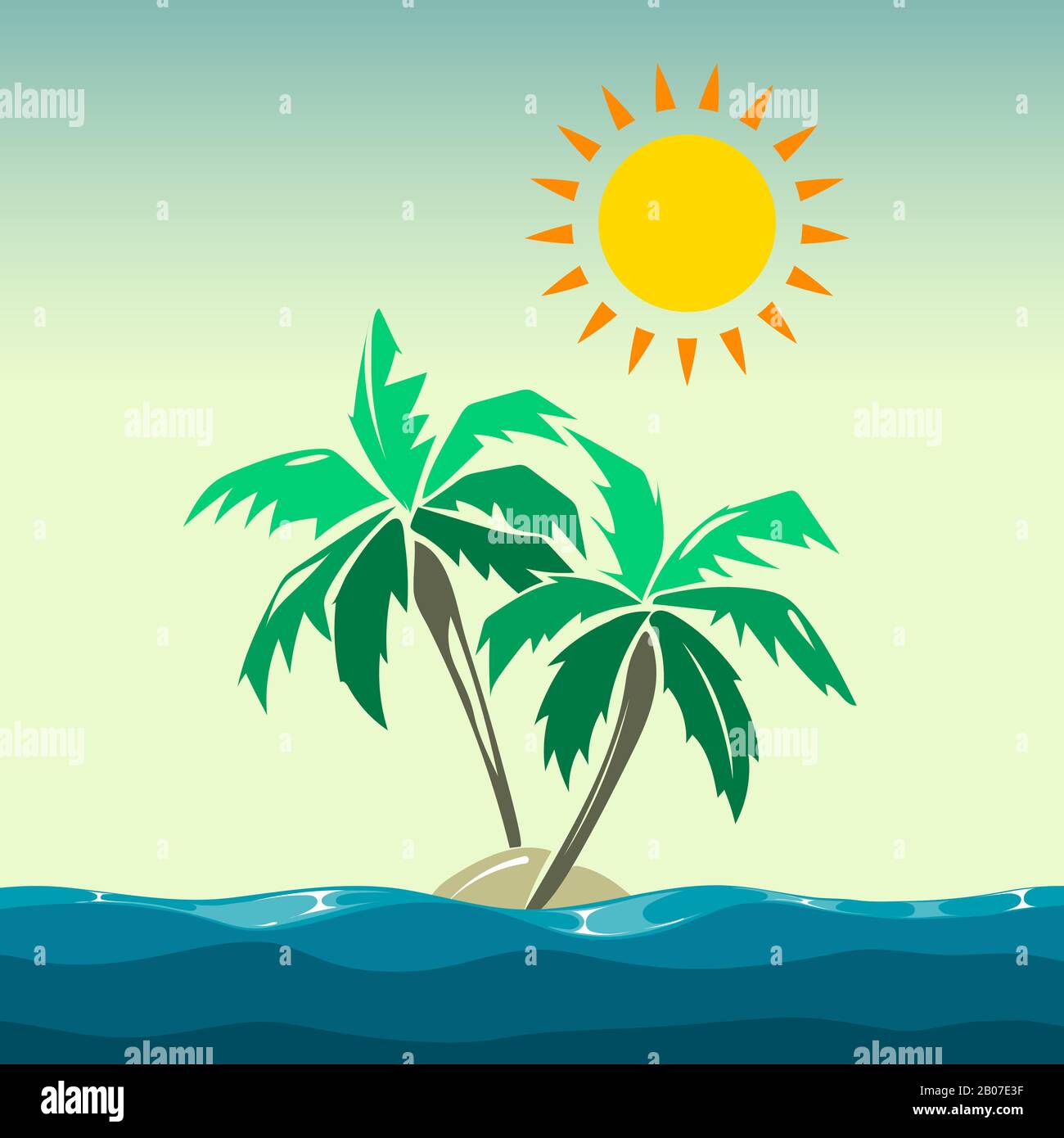Palmiers et éléments de décoration de soleil. Île estivale en mer, illustration vectorielle Illustration de Vecteur