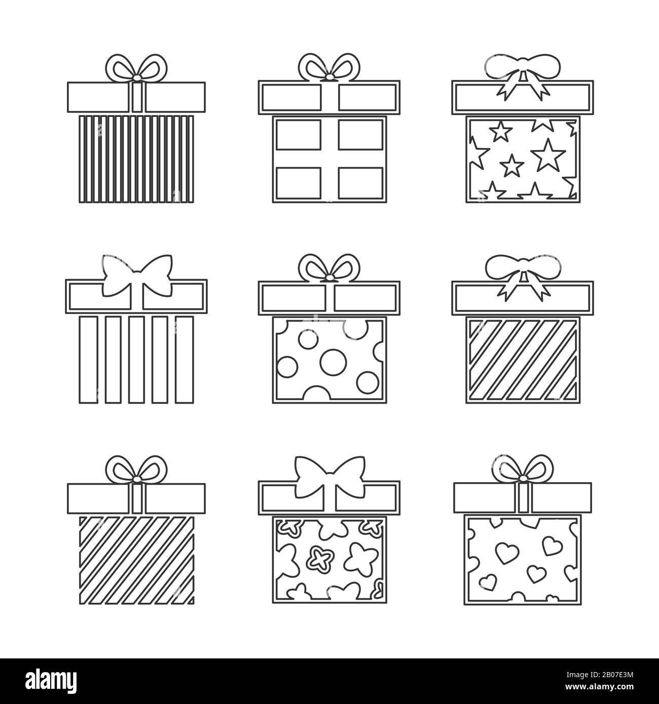 Boîtes cadeaux icônes vectorielles définies en noir et blanc. Illustration de style linéaire Illustration de Vecteur