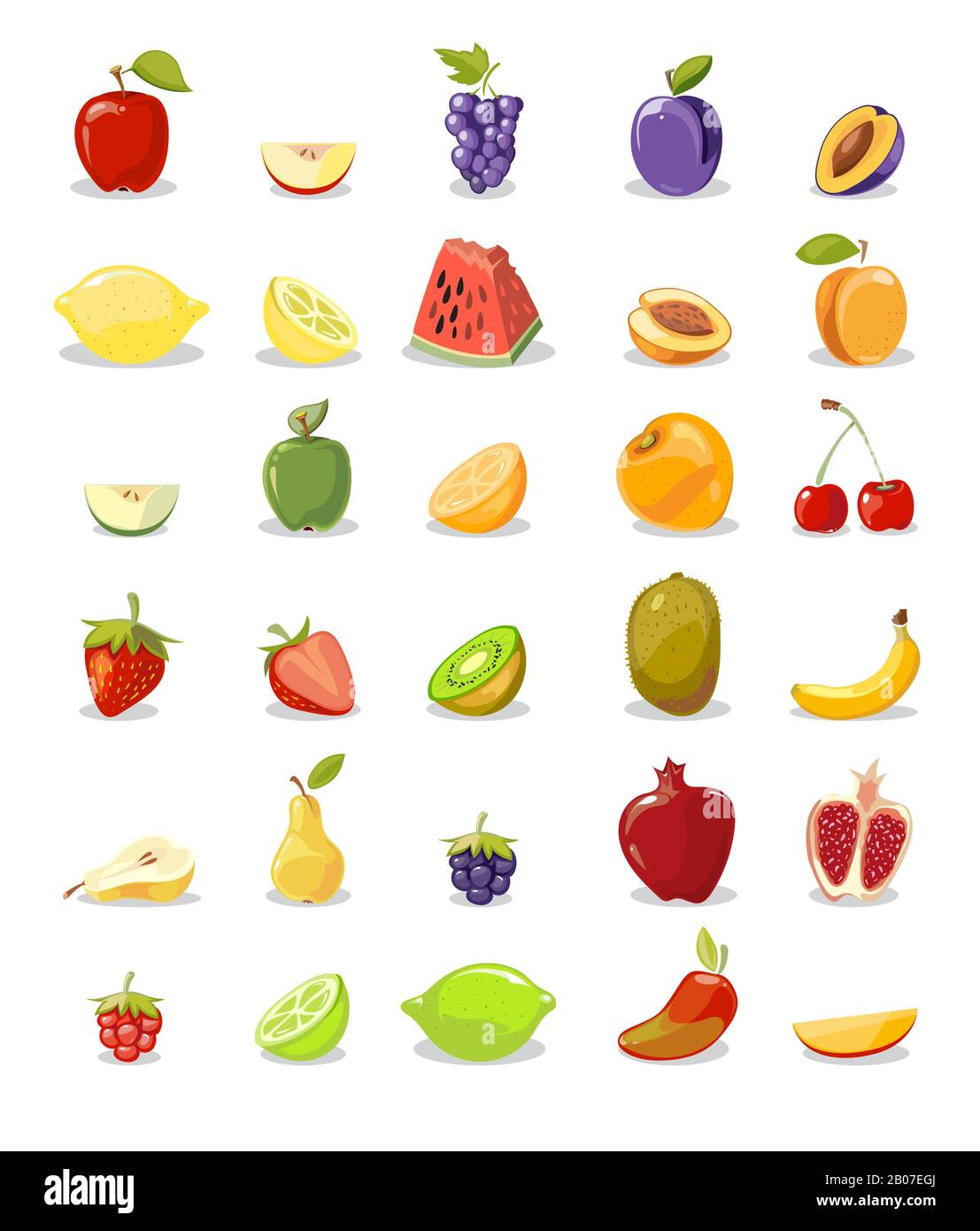 Collection de fruits et de tranches vectoriels. Illustration de la poire et de la pomme, du citron et de l'orange Illustration de Vecteur