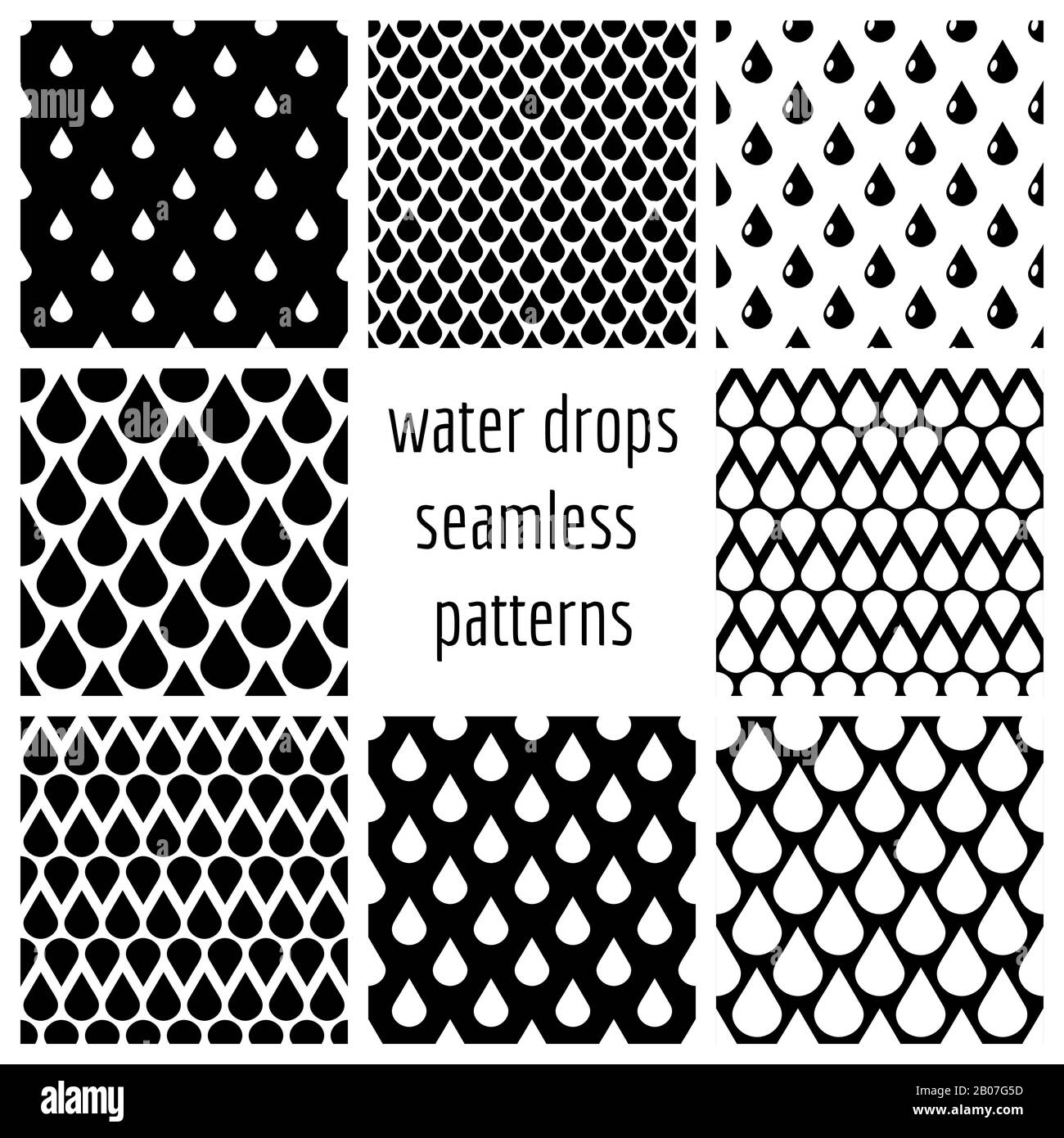 L'ensemble d'eau vectorielle chute des motifs sans couture en noir et blanc. Collection d'arrière-plan pluie monochrome Illustration de Vecteur