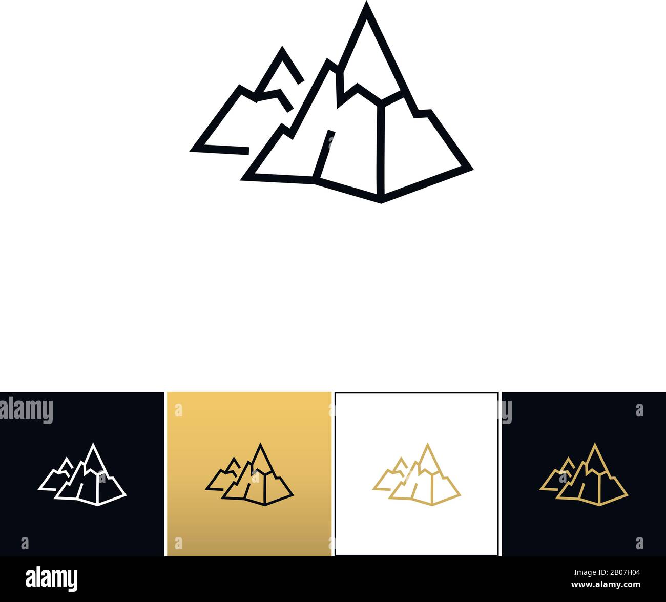 Logo Rock ou icône de vecteur linéaire de pierre de montagne. Logo Rock ou programme linéaire en pierre de montagne sur fond noir, blanc et or Illustration de Vecteur
