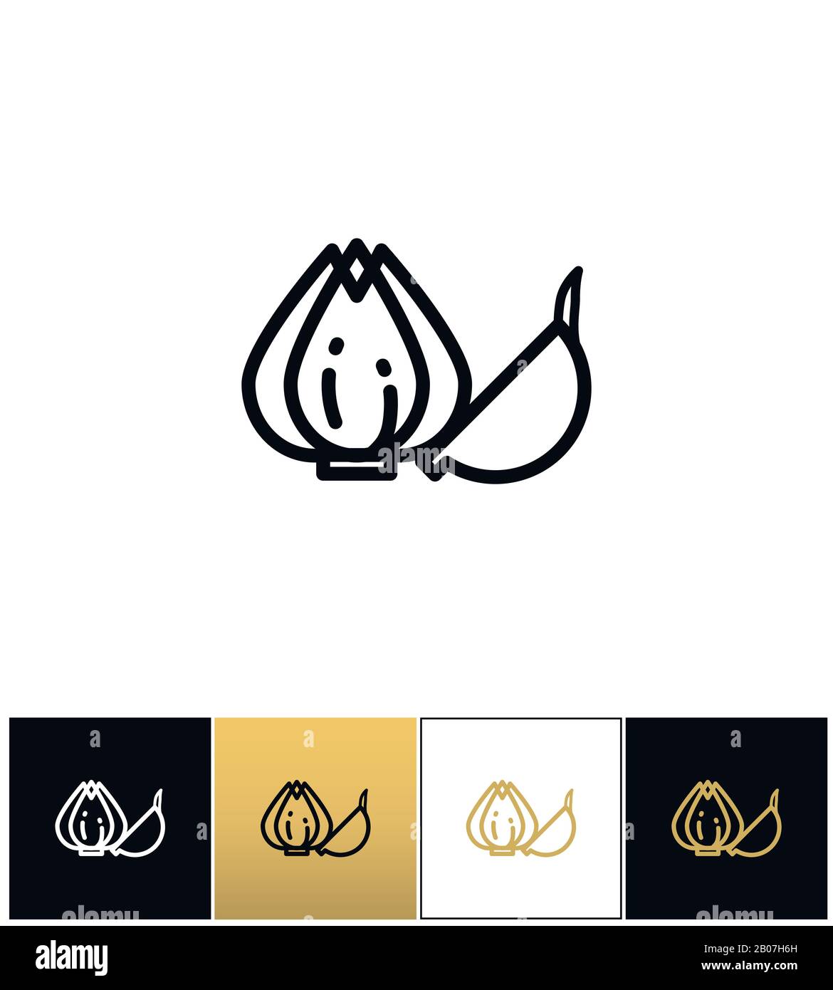 Ampoule d'ail ou icône de vecteur de plante d'allium. Bulbe d'ail ou pictogramme de plante d'allium sur fond noir, blanc et or Illustration de Vecteur