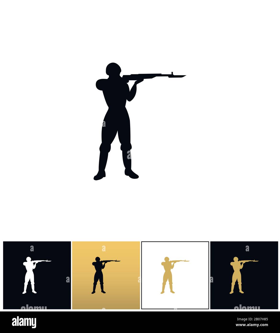Icône vectorielle silhouette militaire. Pictogramme silhouette militaire sur fond noir, blanc et or Illustration de Vecteur