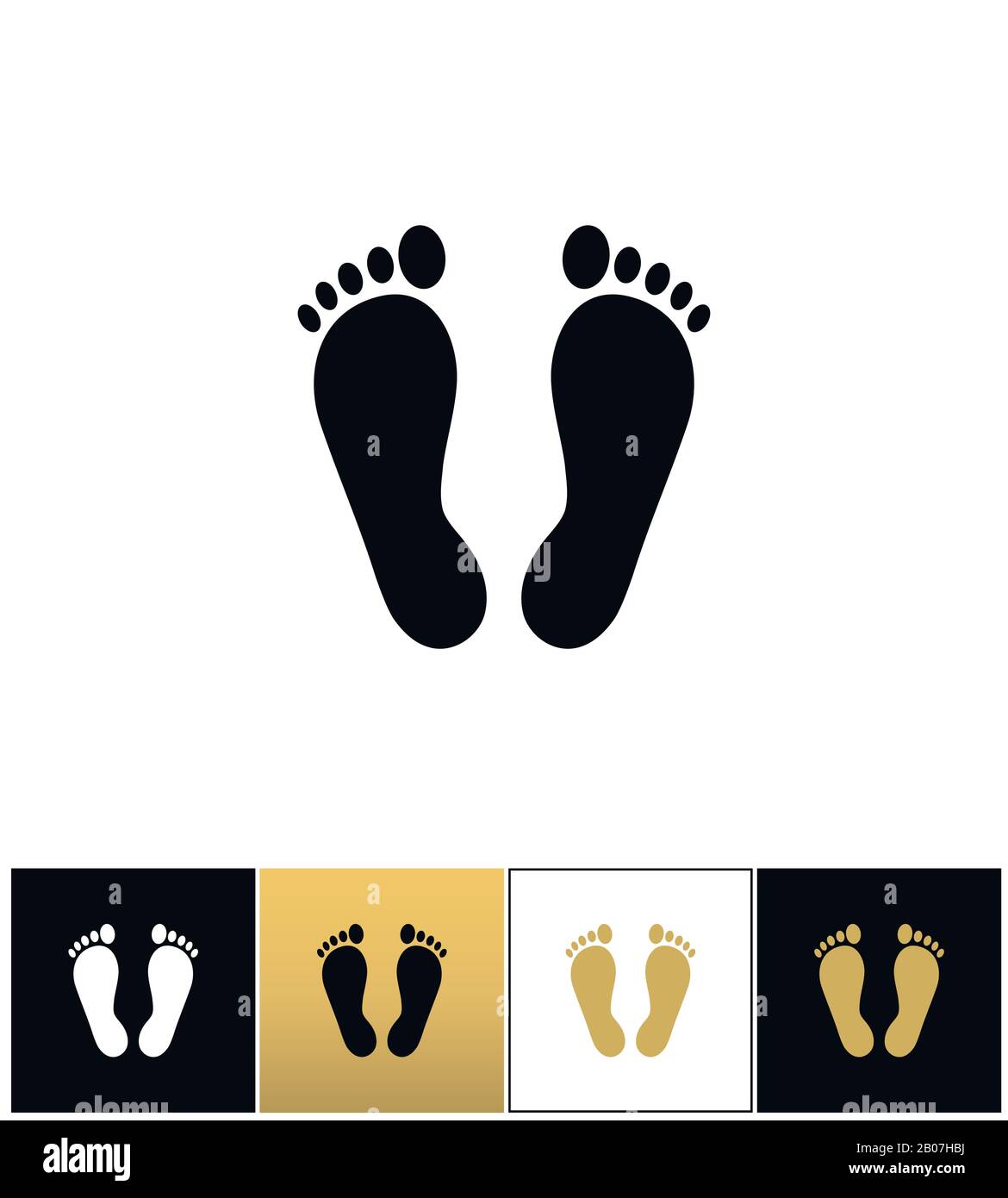 Empreintes digitales ou empreintes de pieds humains icône vectorielle. Les empreintes de pied ou les empreintes de pied humain sont pictogrammes sur fond noir, blanc et or Illustration de Vecteur