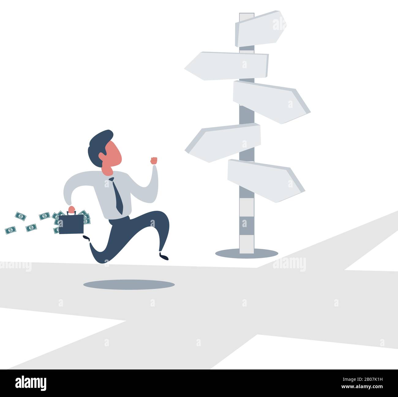 L'homme d'affaires regarde les panneaux de direction. Choix et concept de décision. Illustration de Vecteur