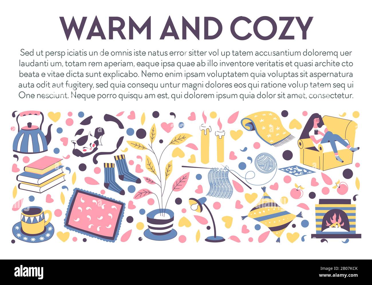 Bannière chaleureuse et confortable avec icônes pour se détendre en soirée d'automne Illustration de Vecteur