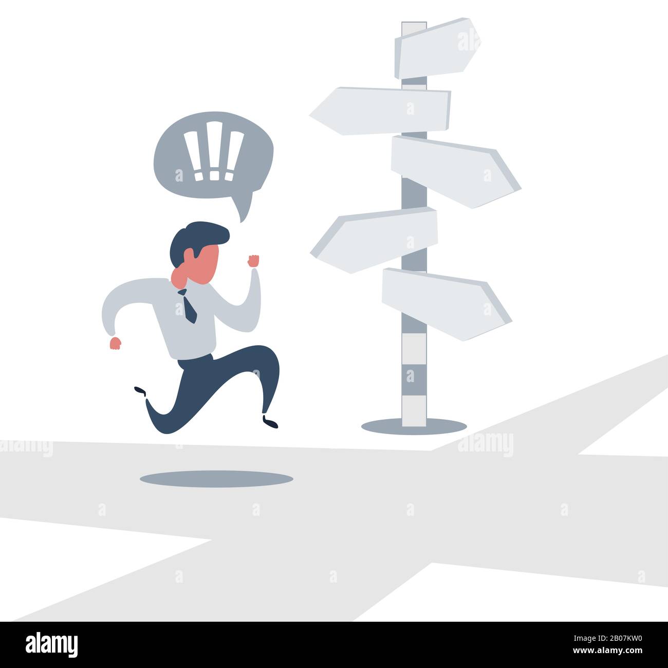 Direction droite. Un homme d'affaires regarde des flèches pointant vers de nombreuses directions. Illustration de Vecteur
