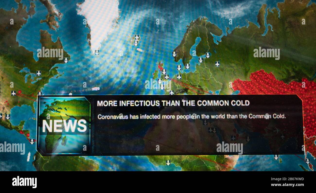 Carte du monde montrant la propagation du Coronavirus à partir de la Chine, famille de virus qui causent la grippe et le froid comme la maladie et la mort, Wuhan, épidémie Banque D'Images