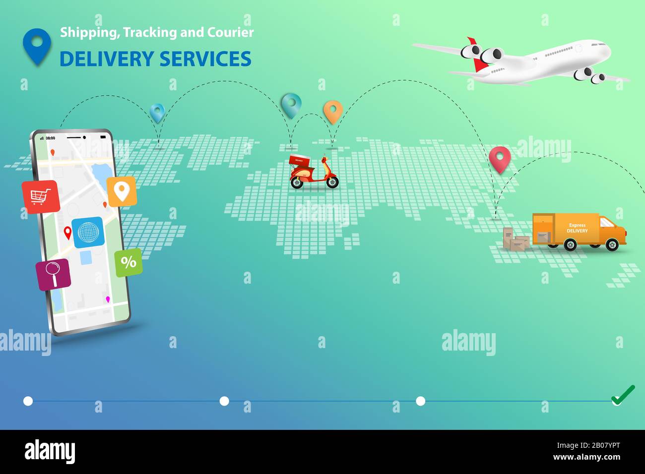 Concept de services d'expédition, de suivi et de livraison par messagerie, icône sur les achats en ligne en haut de l'écran qui contient la carte et le GPS. Illustration de Vecteur