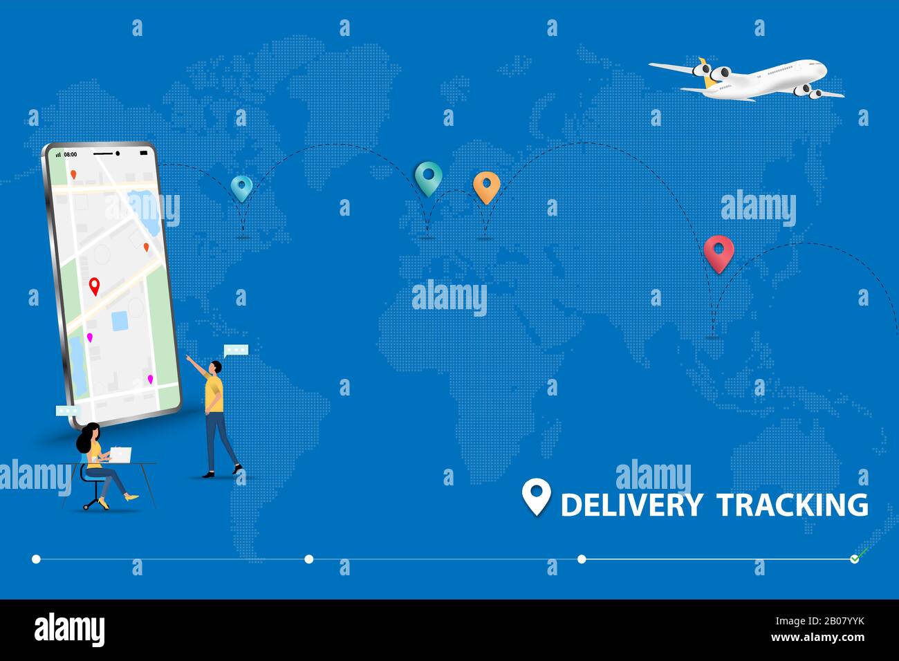 Concept commercial de suivi de livraison, Homme D'Affaires et femme travaillent à suivre l'expédition sur un ordinateur portable et un smartphone qui contiennent la carte et le GPS Illustration de Vecteur