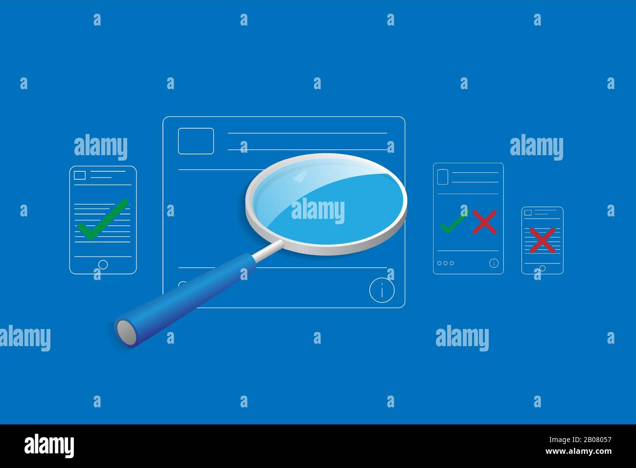 Concept sur les fausses nouvelles dans les médias sociaux, la grande loupe au centre est de filtrer le contenu dans les dispositifs électroniques qui contiennent la coche verte Illustration de Vecteur