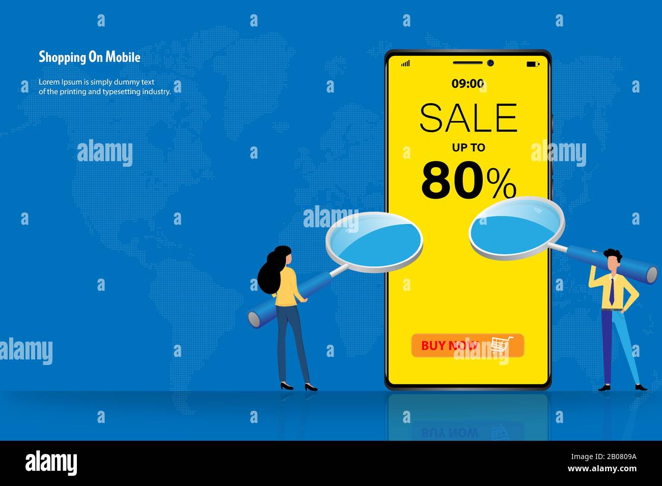 Concept d'affaires de shopping sur mobile, homme d'affaires et femme tenant une grande loupe pour se concentrer sur l'écran qui contient le pourcentage de réduction. Illustration de Vecteur