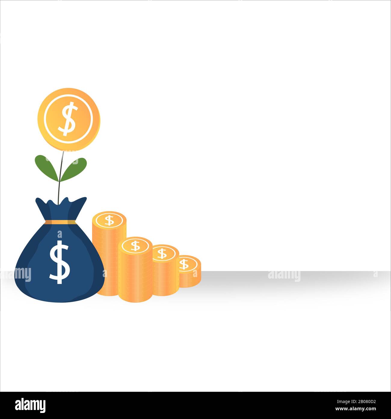 Concept de l'augmentation du taux de salaire de revenu, pile de pièces d'or et sac d'argent avec de petites feuilles vertes plante en fond blanc. Illustration de Vecteur