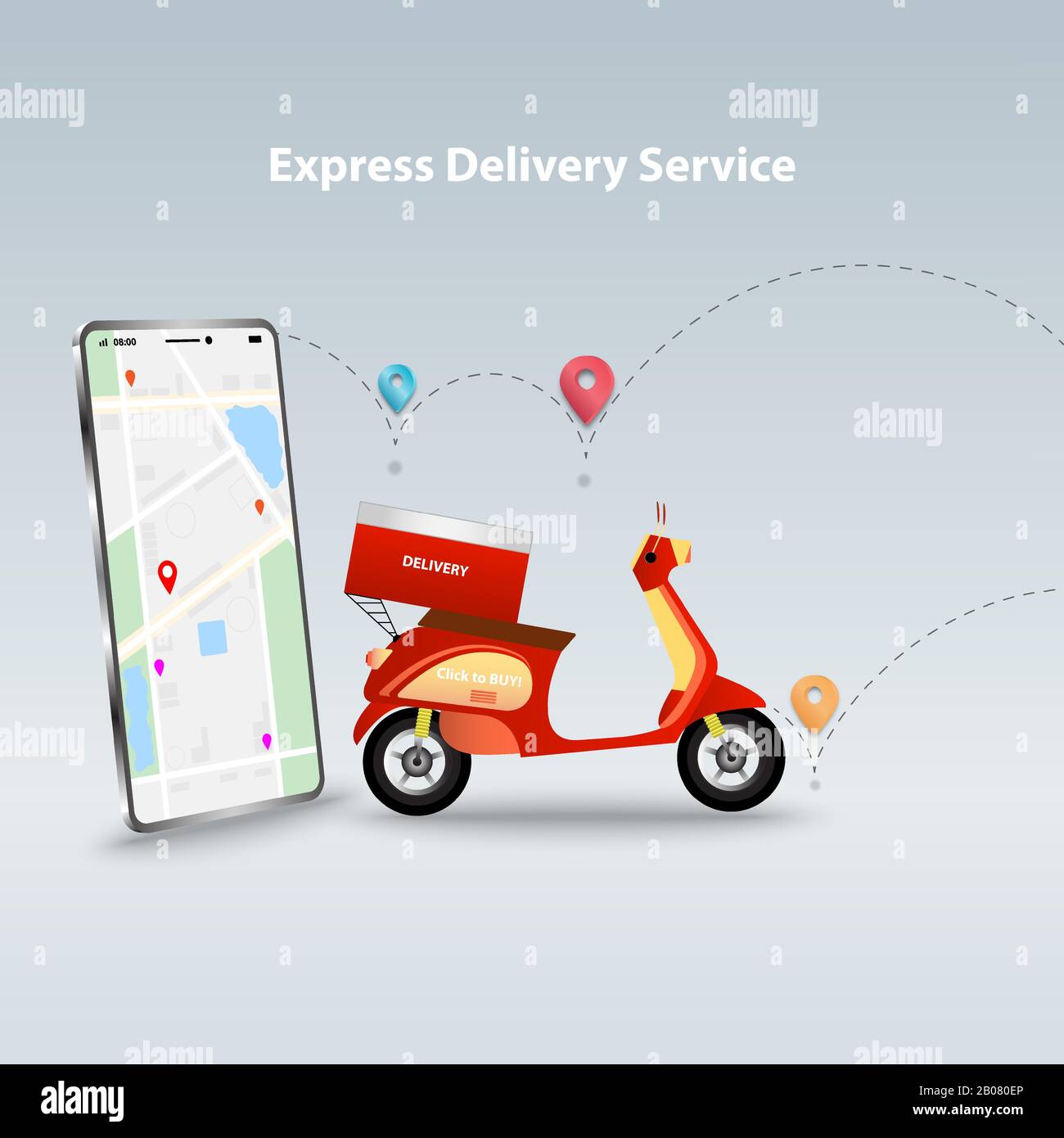 Concept d'affaires du commerce électronique pour la livraison des marchandises par moto, la livraison en ligne de nourriture par application mobile pour voir la carte à l'écran. Illustration de Vecteur