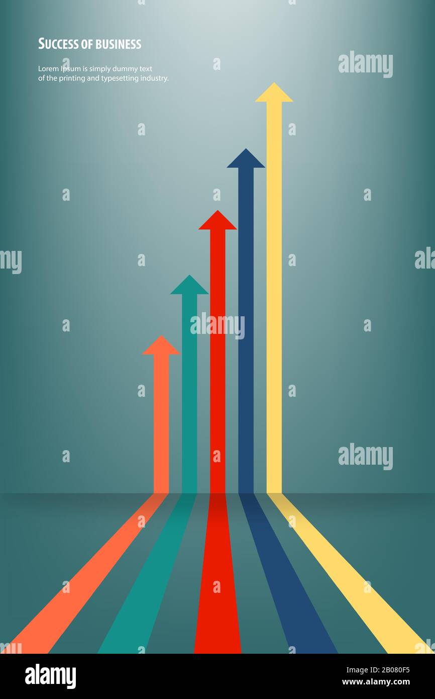 Concept d'orientation vers la réussite de la cible commerciale. Les flèches colorées sont orientées vers le haut en vert. Illustration de Vecteur