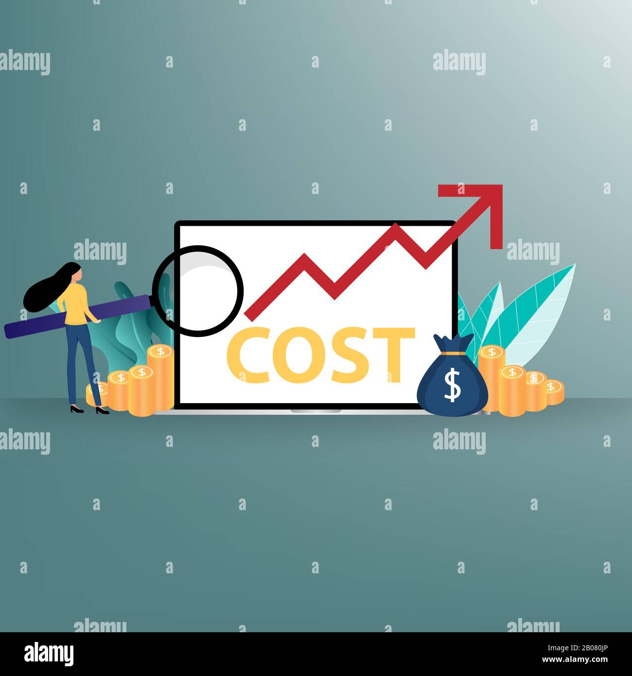 Concept d'augmentation des coûts, une femme d'affaires tient une loupe et se concentre sur l'écran de l'ordinateur portable qui contient le libellé « COST » et la flèche rouge. Illustration de Vecteur