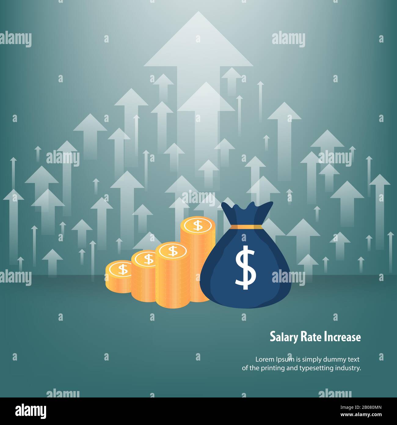 Concept d'augmentation du taux de salaire de revenu, beaucoup de flèches blanches vont en haut avec la pile de pièces d'or et de sac d'argent. Illustration de Vecteur