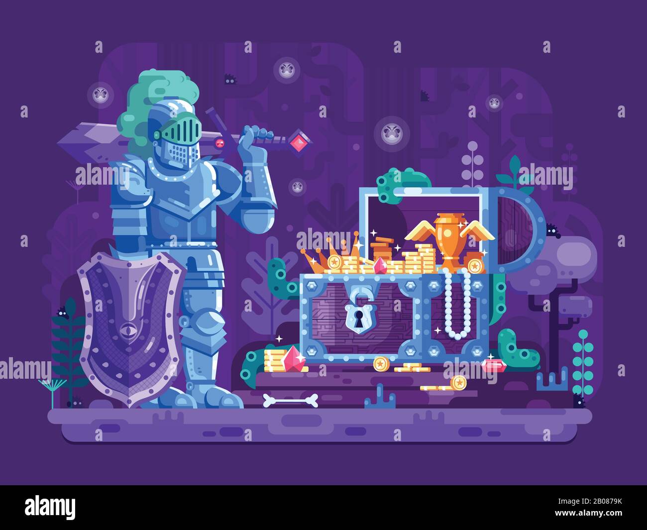 Fantasy Knight Trouve Un Trésor Dans Fairy Wood Illustration de Vecteur