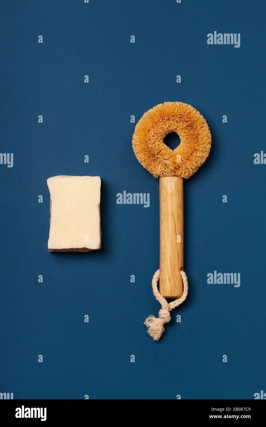 Kit de nettoyage écologique. Savon biologique et brosse en bois naturel avec poils de cactus sur un fond bleu tendance. Concept zéro gaspillage, plastique-libre, ECO-friendly shopping, végétalien Banque D'Images