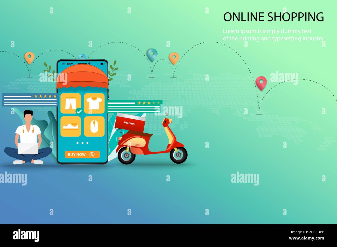 Concept d'affaires des achats en ligne, un homme cherche sur son ordinateur portable pour trouver un nouveau pantalon et s'asseoir près du scooter et d'un grand smartphone. Illustration de Vecteur