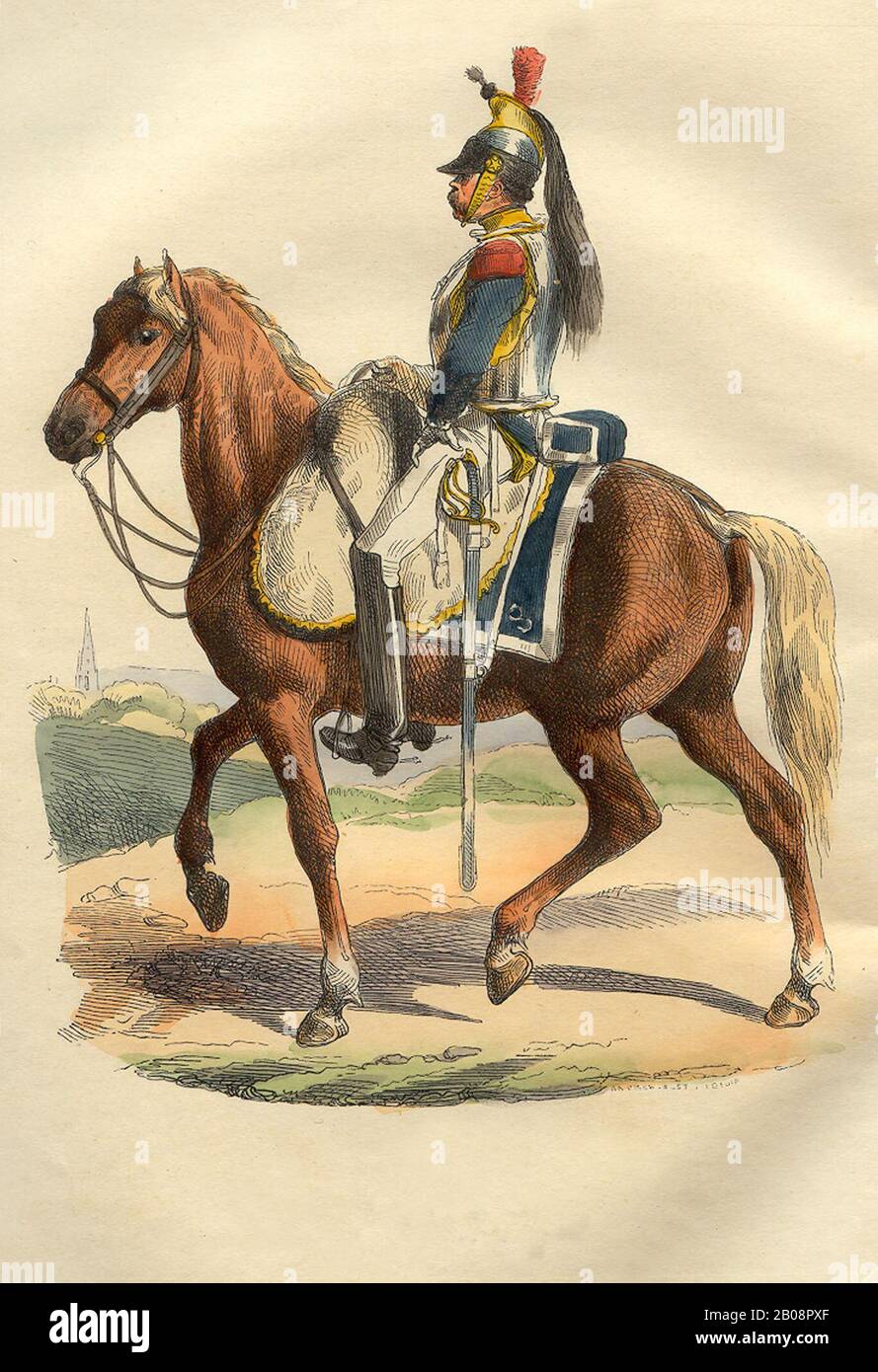 Illustration du Cuirassier français en 1809 du livre Histoire de Napoléon à P.M. laurent en 1843. Les uirassiers étaient cavalerie équipée d'armure et d'armes à feu cuirass, apparaissant pour la première fois à la fin du XVe siècle en Europe. Banque D'Images