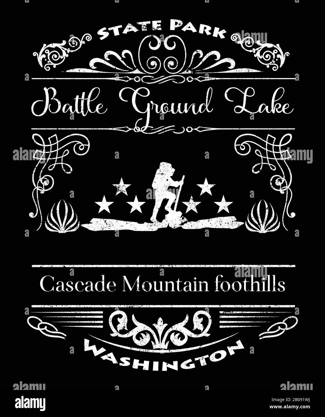 Motif du parc national de Battle Ground Lake dans un motif de grunge typographique. Lac populaire dans l'état de Washington dans le comté de Clark, dans le pied de montagne de Cascade Banque D'Images