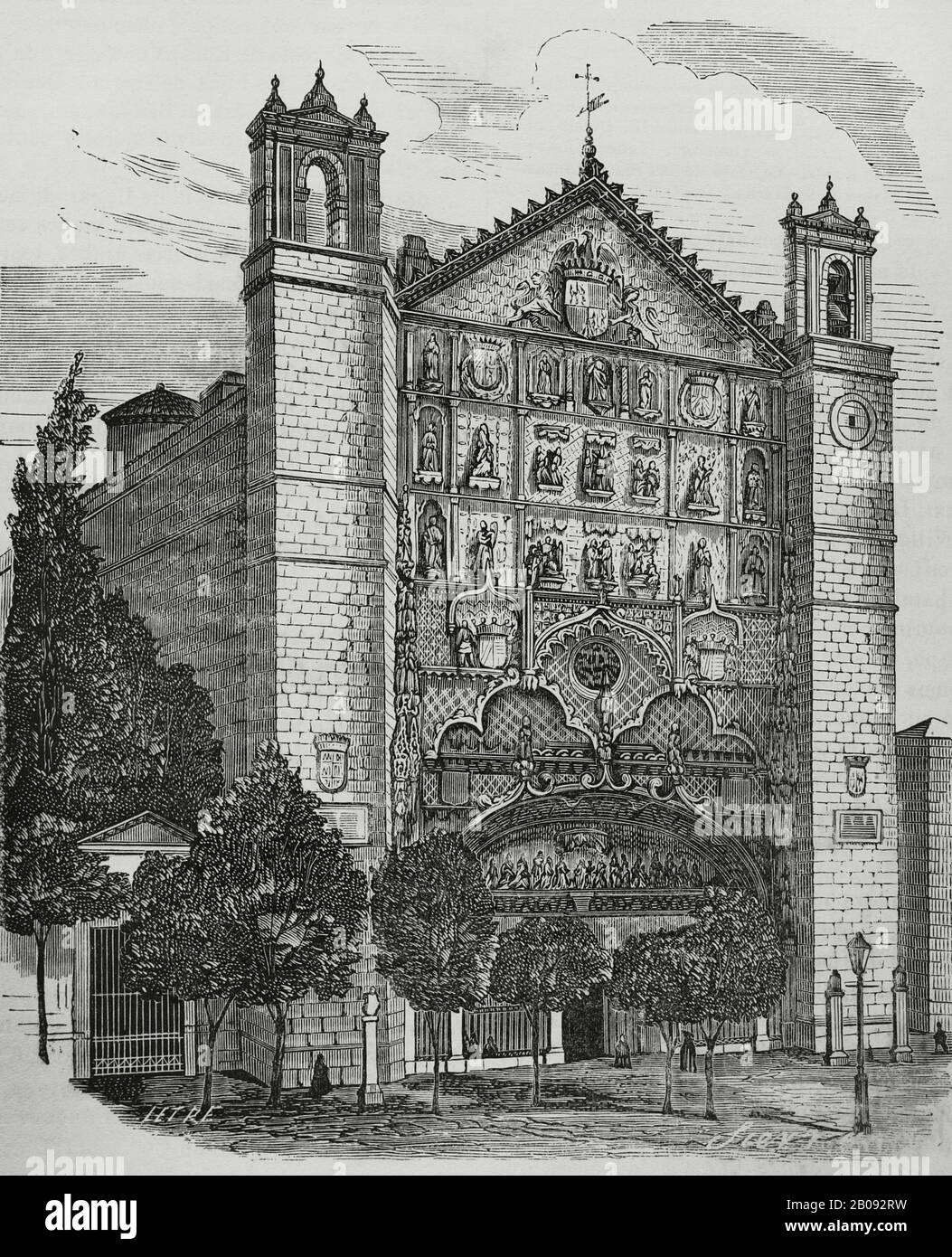 Espagne, Valladolid. L'Église De Saint Paul. Ancien couvent, style Isabeline. Il a été commandé par le Cardinal Juan de Torquemada entre 1445 et 1468. Les rois Philippe II et Philippe IV d'Espagne ont été baptisés dans le temple. Vue générale de la façade, conçue par Simon de Colonia et achevée en 1500. Illustration de Letre Gravure par Sierra, XIXe siècle. Cronica général de España, Historia Ilustrada y Descriptiva de sus Provincias. Asturies et Leon. Banque D'Images