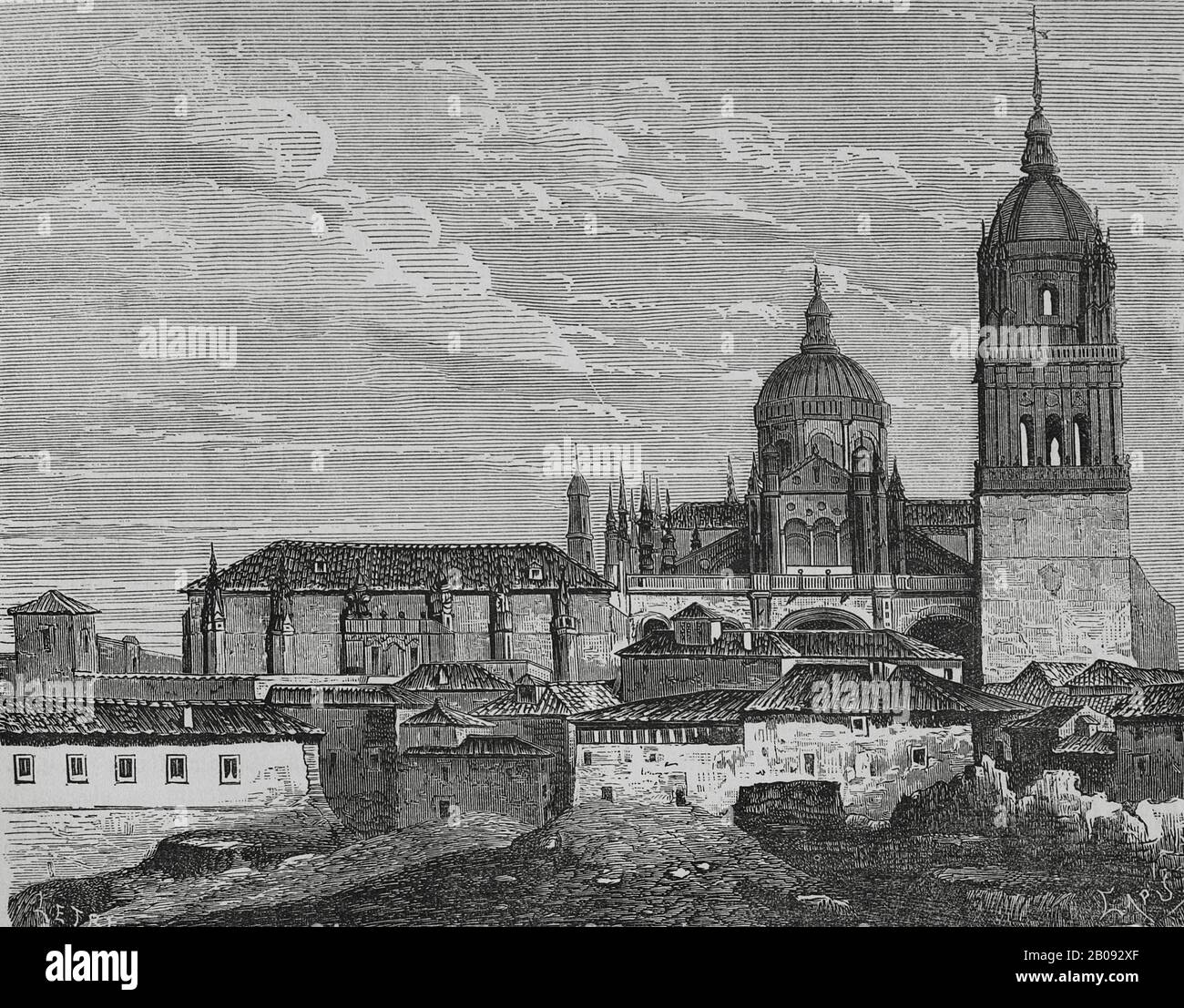 Espagne, Salamanque. La Nouvelle Cathédrale. Il fut érigé au XVIe siècle et terminé en 1733 par les frères Churriguera. Illustration de Letre. Gravure de Capuz, XIXe siècle. Cronica général de España, Historia Ilustrada y Descriptiva de sus Provincias. Asturies et Leon, 1867. Banque D'Images