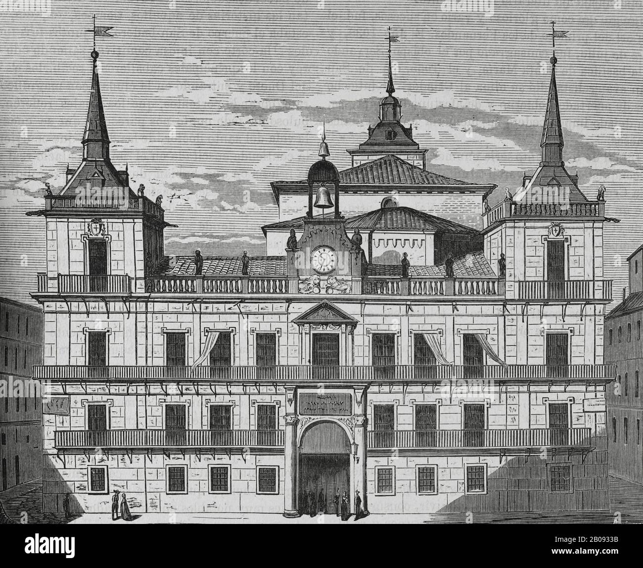 Espagne, Leon. Hôtel De Ville. Bâtiment du XVIIe siècle avec façade baroque. Gravure de Soriano, XIXe siècle. Cronica général de España, Historia Ilustrada y Descriptiva de sus Provincias. Asturies et Leon, 1867. Banque D'Images