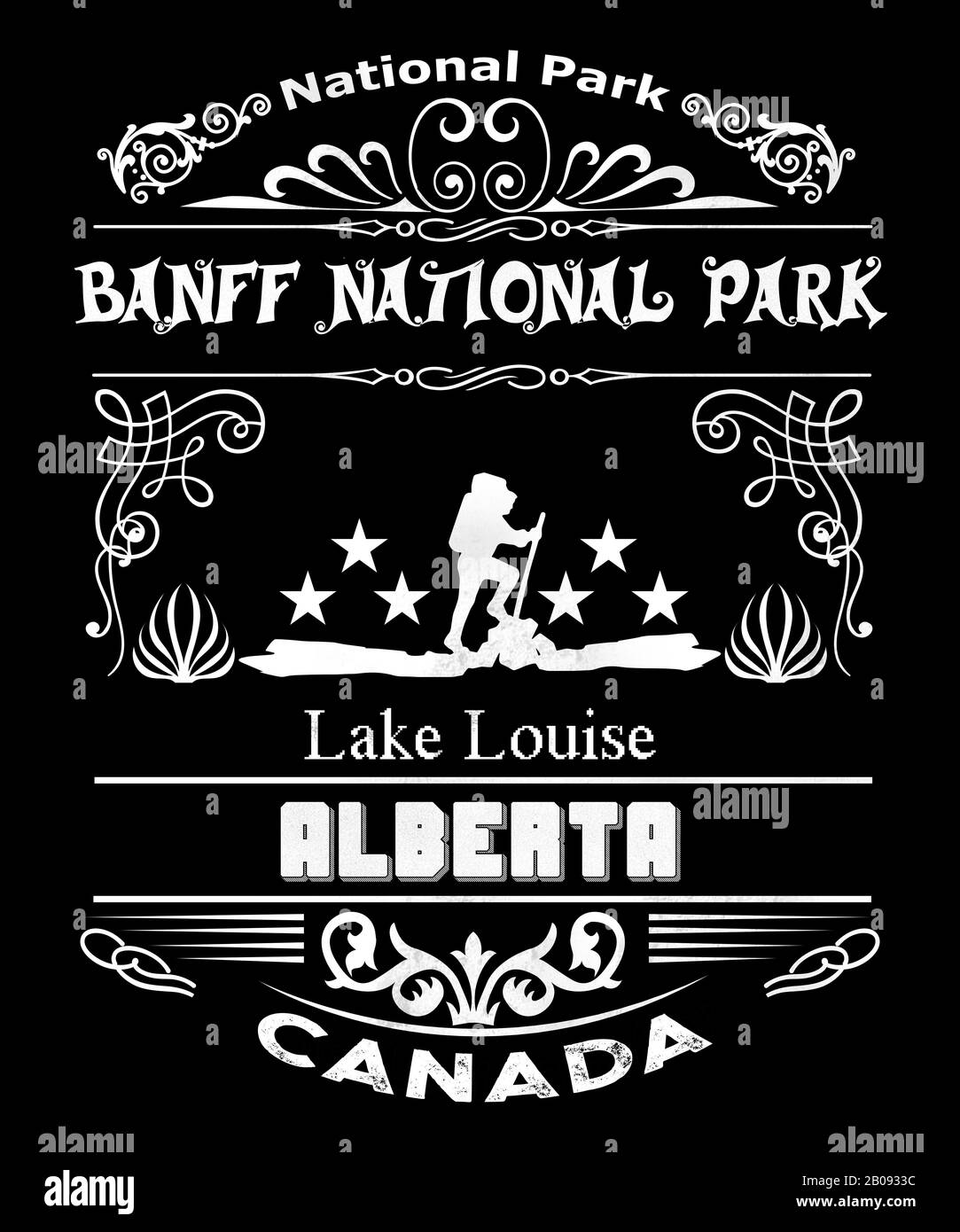 Le motif du parc national Banff avec un randonneur dans cette typographie grange. Merveille naturelle célèbre en Alberta Canada, comme Lake Louise, Sunshine Meadow Banque D'Images