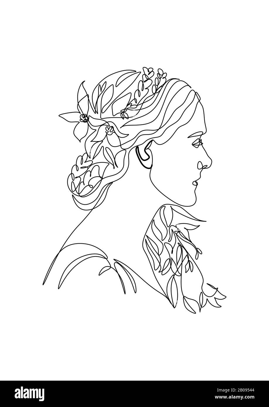 Femme dessin de ligne de nature. Fille avec feuilles vecteur. Sauver La Nature. Jour De La Terre. Face abstraite avec fleurs par dessin vectoriel d'une ligne. Portrait minimaliste Banque D'Images