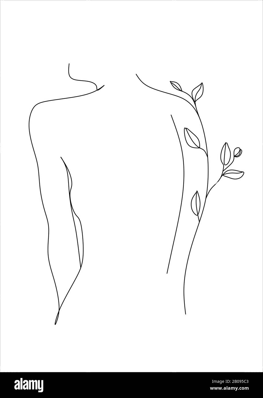 Femme dessin de ligne de nature. Fille avec feuilles vecteur. Sauver La Nature. Jour De La Terre. Face abstraite avec fleurs par dessin vectoriel d'une ligne. Portrait minimaliste Banque D'Images