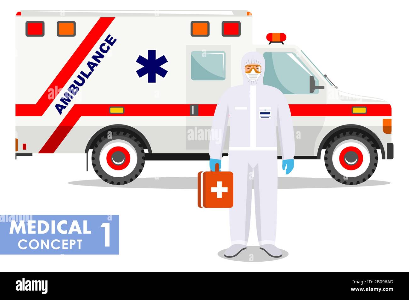 Concept médical. Illustration détaillée d'un médecin d'urgence dans un costume de protection blanc et masque près d'une ambulance sur fond plat. Dangereux Illustration de Vecteur