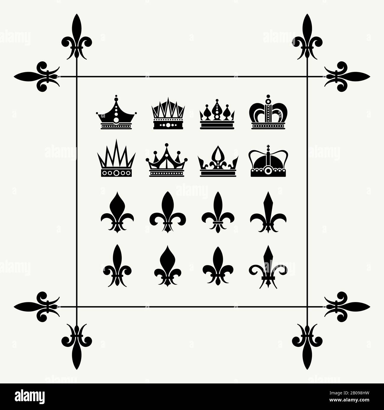 Couronnes Geraldiques et éléments de conception de la fleur de lys. Illustration vectorielle de symbole royal d'art Illustration de Vecteur
