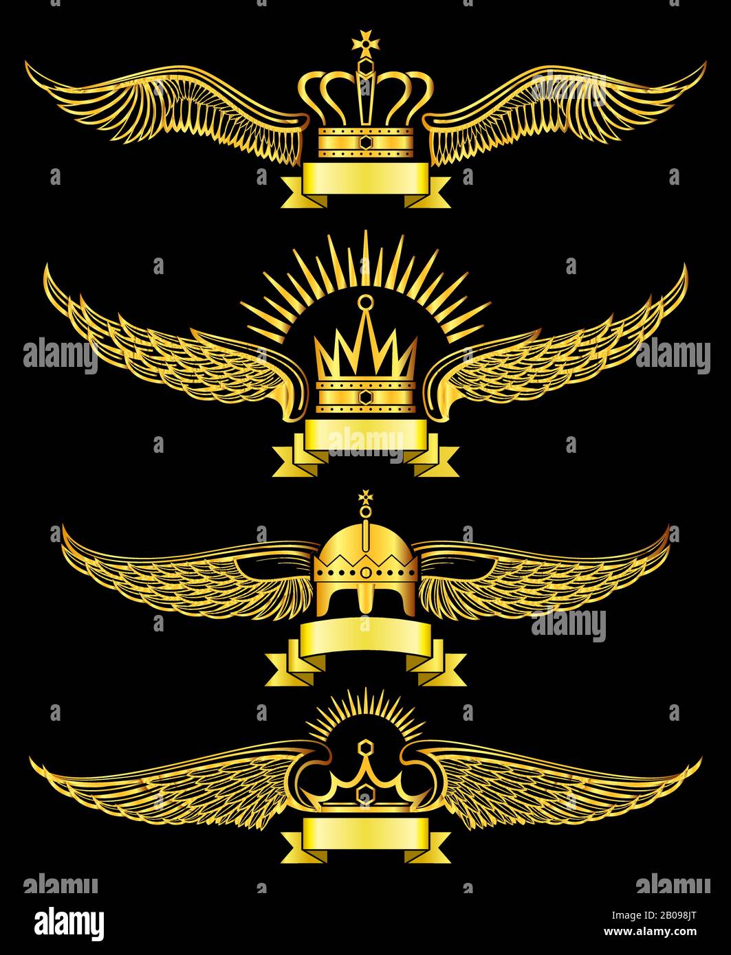 Ensemble de couronnes à ailes vectorielles dorées et logo royal en ruban. Couronne dorée avec illustration des ailes Illustration de Vecteur