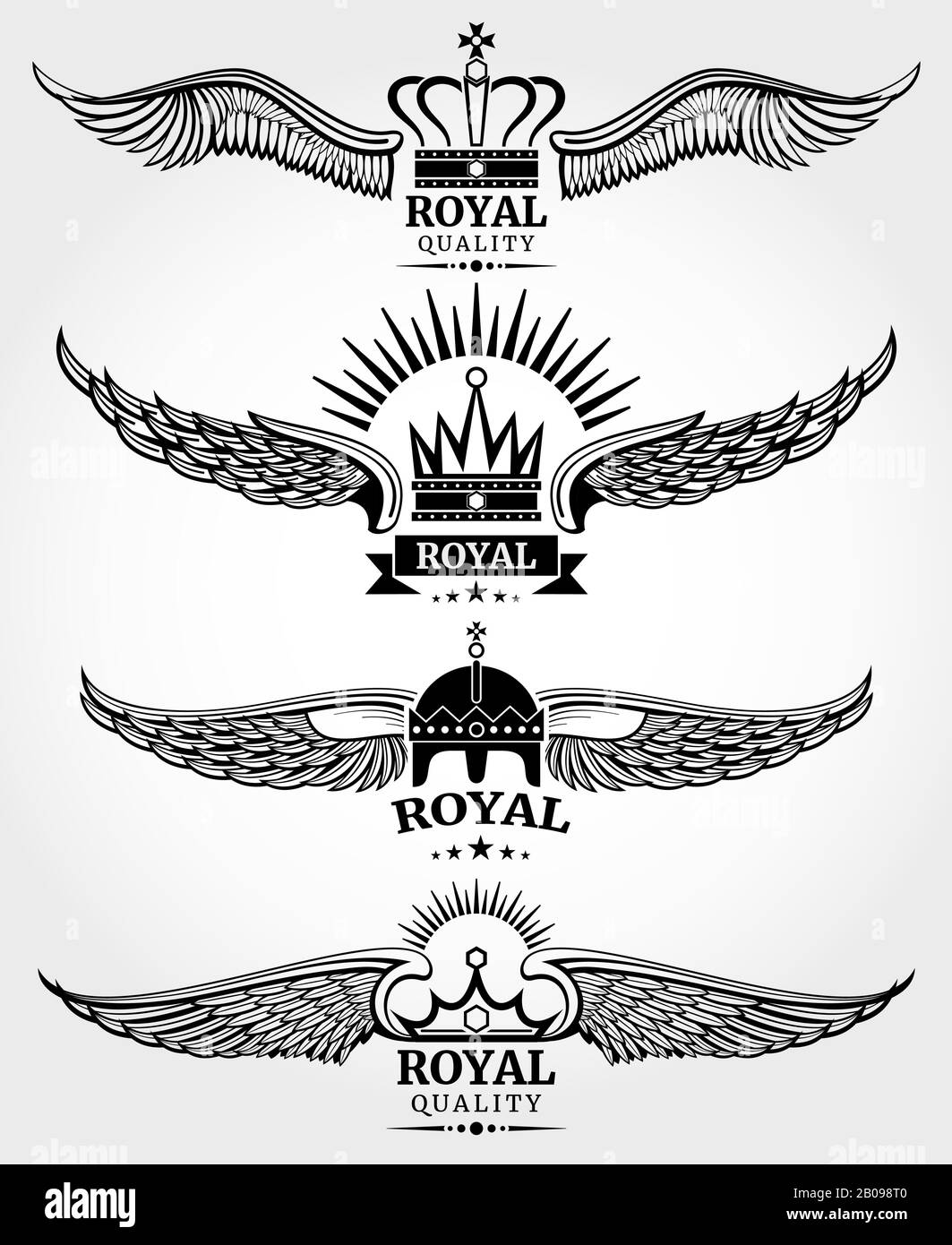 Modèles de logo royal couronnes à ailes vectorielles en noir et blanc. Emblème avec aile et illustration des couronnes Illustration de Vecteur