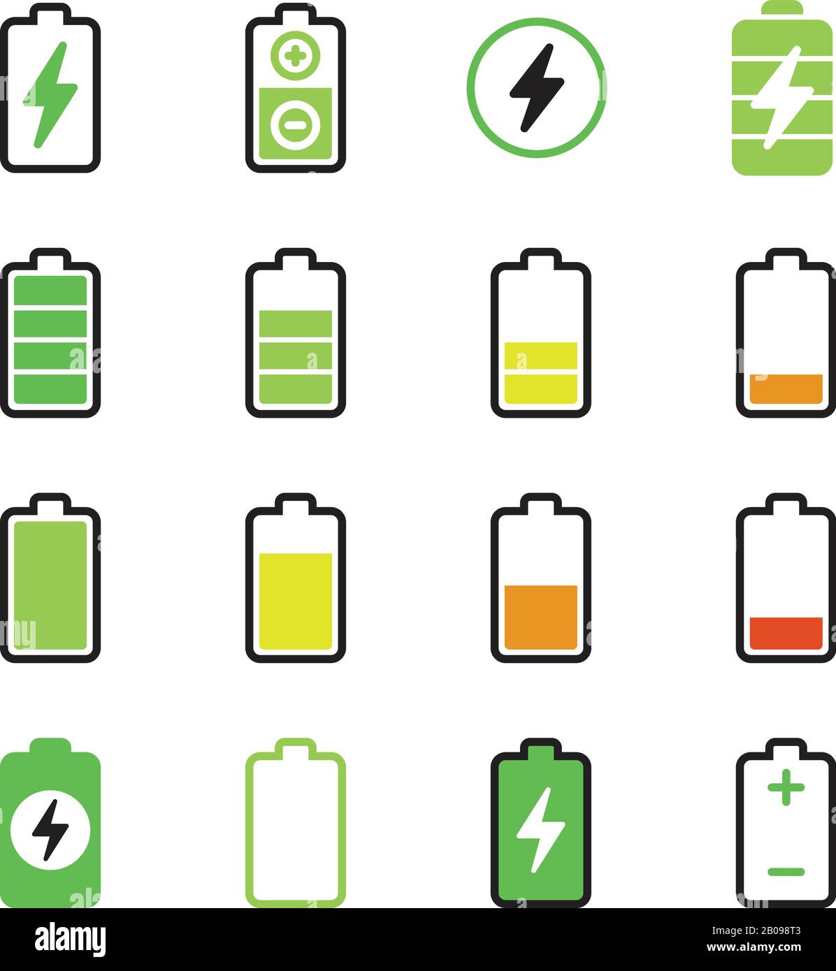 Téléphone portable, charge électrique du smartphone, icônes de vecteur d'énergie de batterie. Indicateur batterie accumulateur pour téléphone, charge électrique de niveau de l'illustration du téléphone Illustration de Vecteur