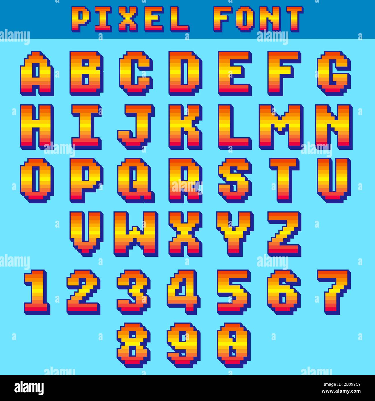 Pixels lettres et chiffres 8 bits police de jeu vectorielle, alphabet numérique, typeface. Illustration des caractères alphabétiques et numériques Illustration de Vecteur