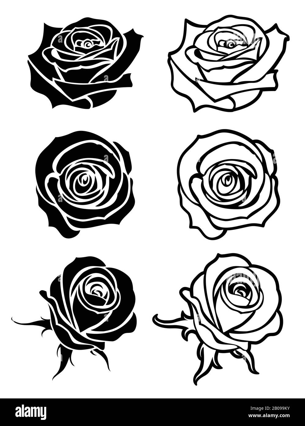 Gros plan rose vecteur tatouage, logos, silhouettes fleuries. Jeu de roses monochromes à fleurs, roses avec illustration pétale Illustration de Vecteur
