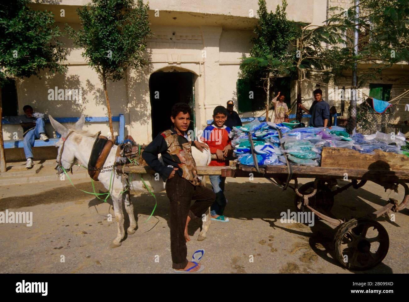 EGYPTE, LE CAIRE, GIZA, SCÈNE DE RUE, CHARIOT ÂNE, HOMME VENDANT DES SANDALES EN PLASTIQUE Banque D'Images