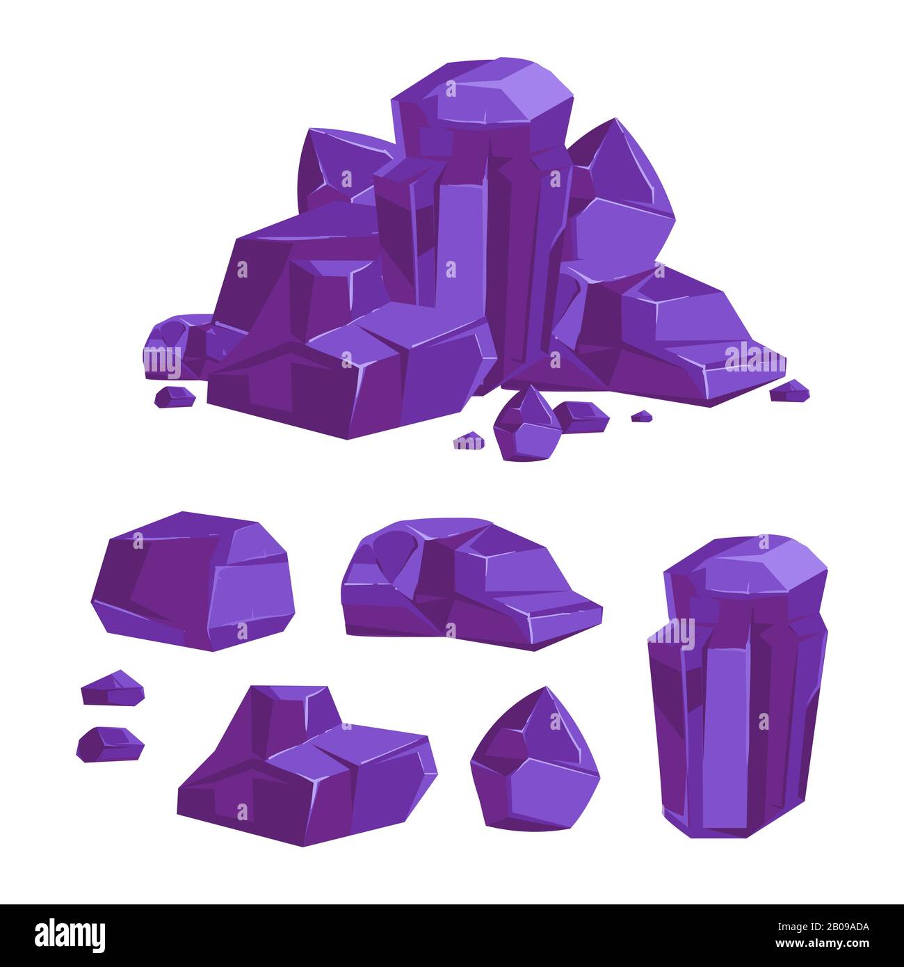 Ensemble de cristaux violets vectoriels fond blanc. Collection d'illustrations en pierre vive Illustration de Vecteur