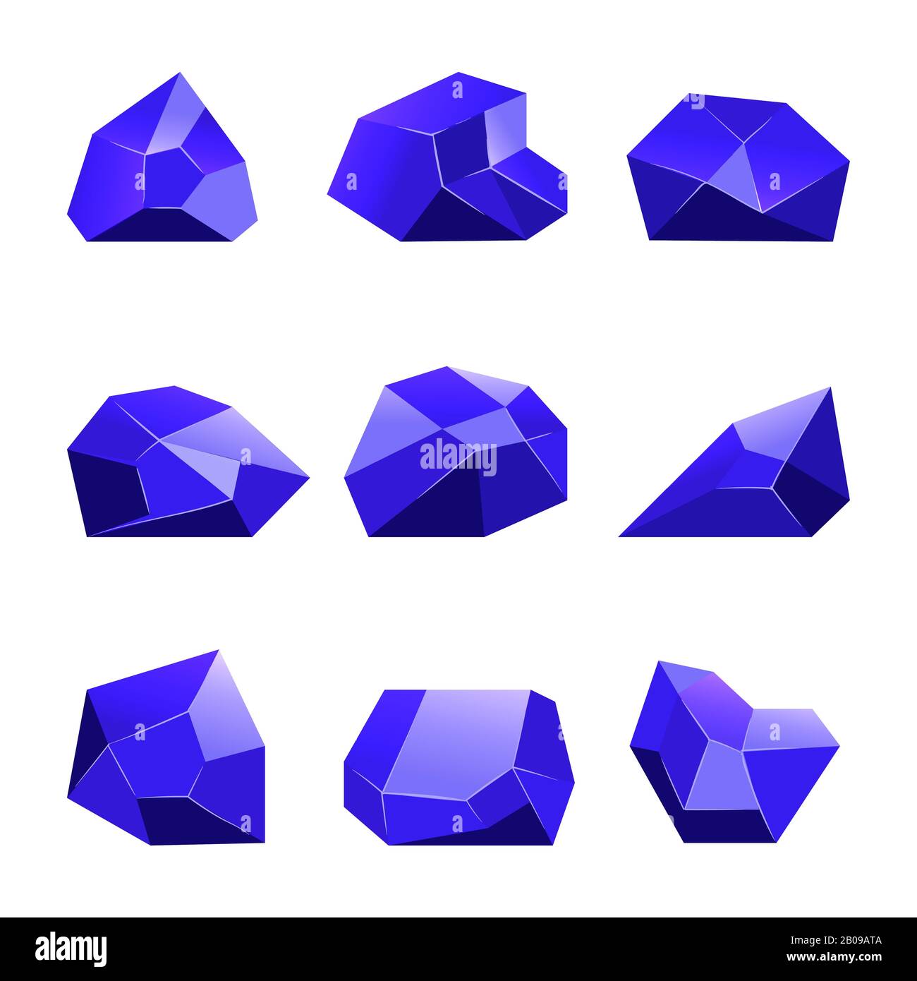 Bleu vectoriel cristaux fond blanc pour les applications de jeux mobiles. Ensemble de cristaux de dessin animé sur l'illustration de l'interface graphique utilisateur Illustration de Vecteur
